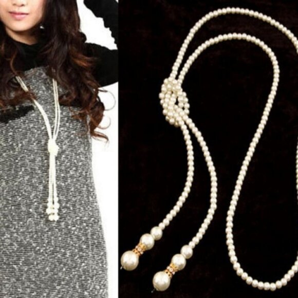 Boho Pearl Long Necklace chain jewelry - Picture 2 of 4